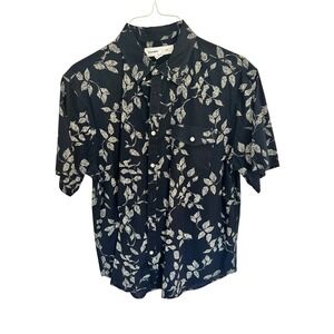 Old‎ Navy Shirt Mens XL Navy Blue Slim SS Linen Leaf Print Button Down 202952-01